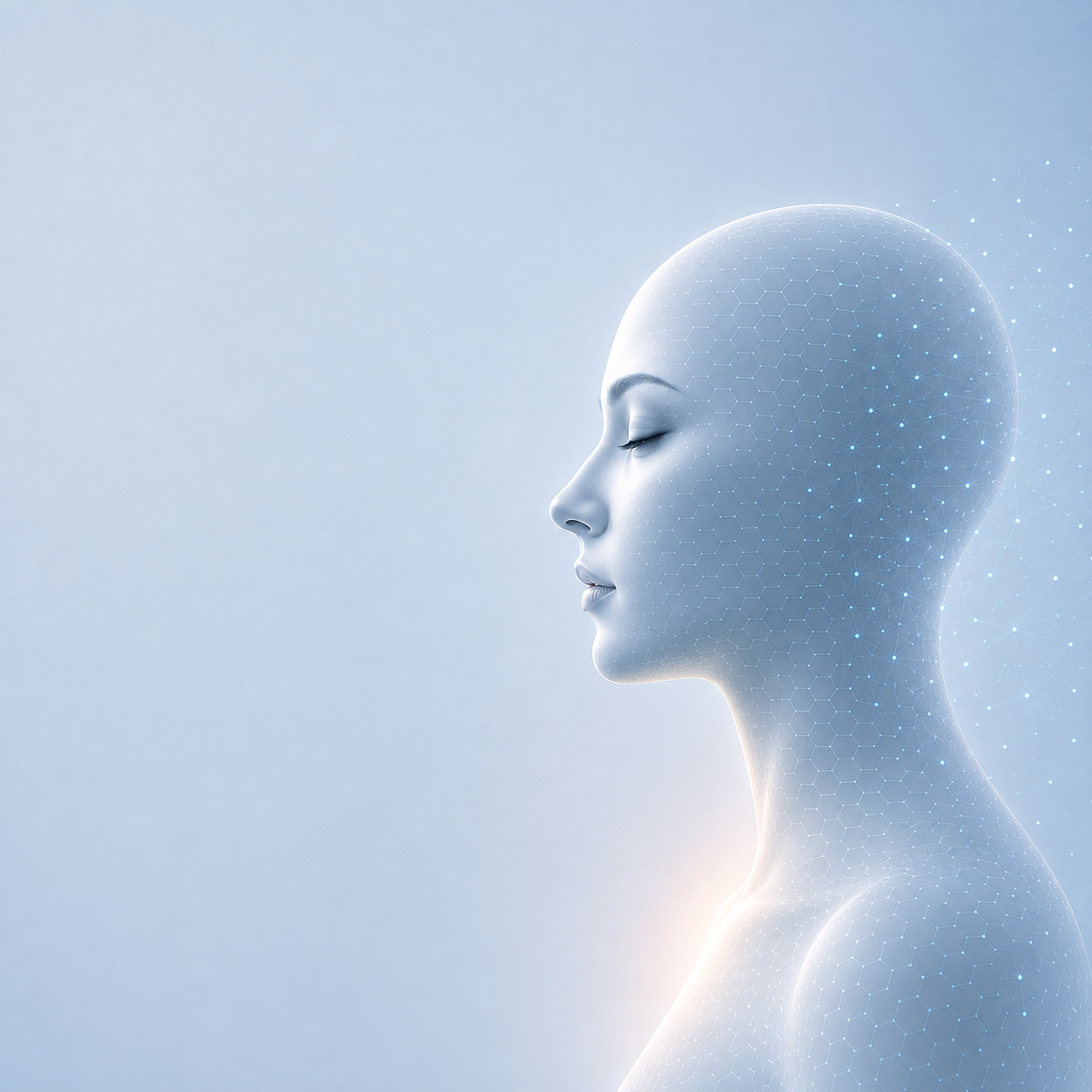 Human profile dissolving into a luminous network of nodes