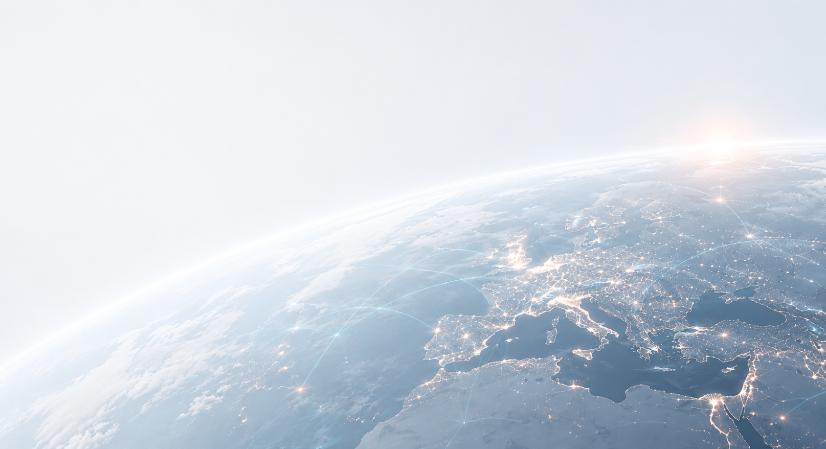 Earth at dawn with luminous network paths spanning continents