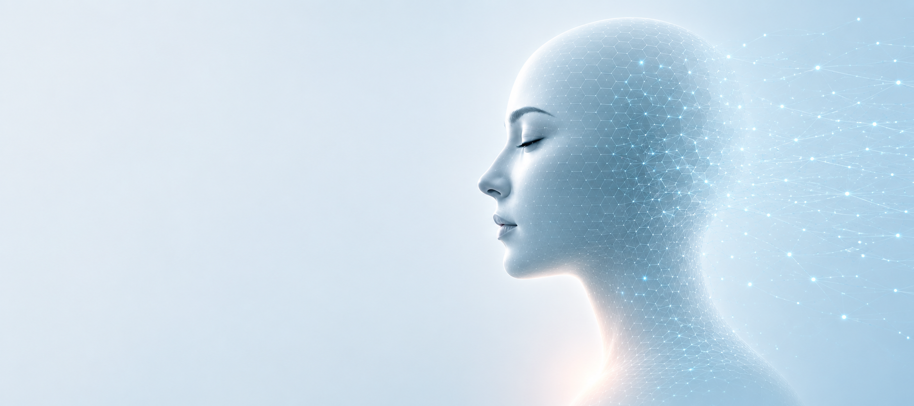 Human profile dissolving into a luminous network of nodes