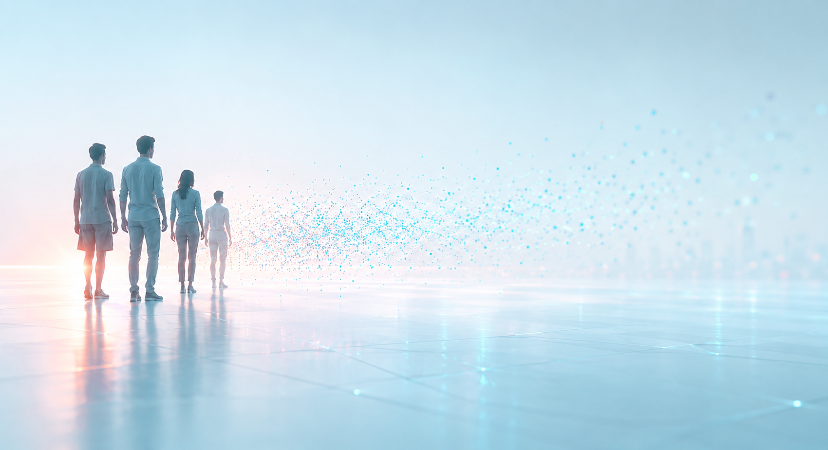 People walking forward as particles form ahead