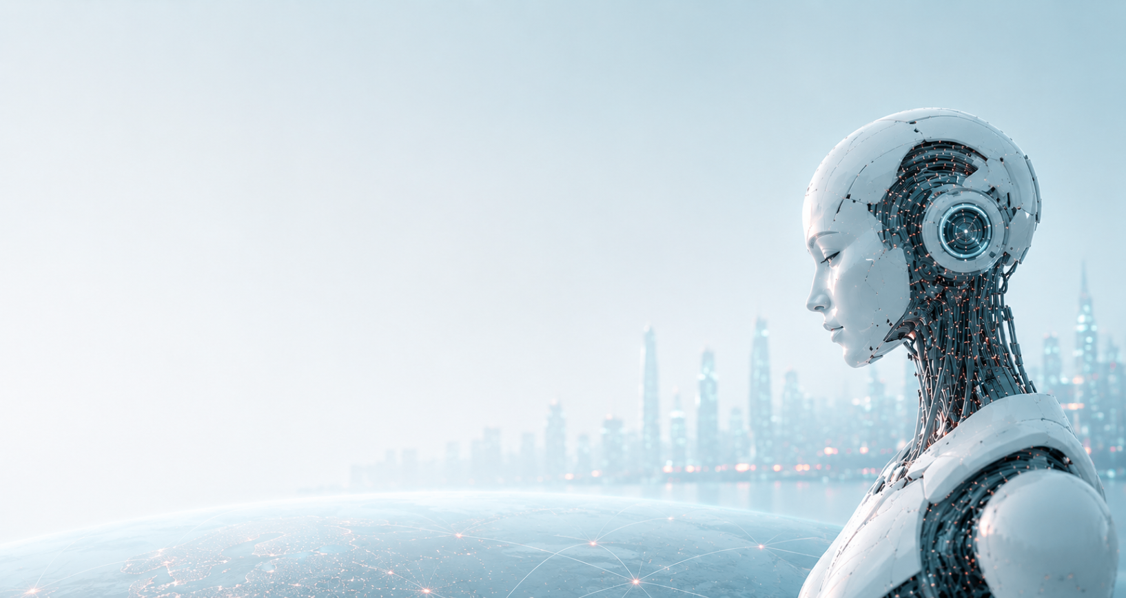 Mechanical humanoid head in profile against a soft city skyline